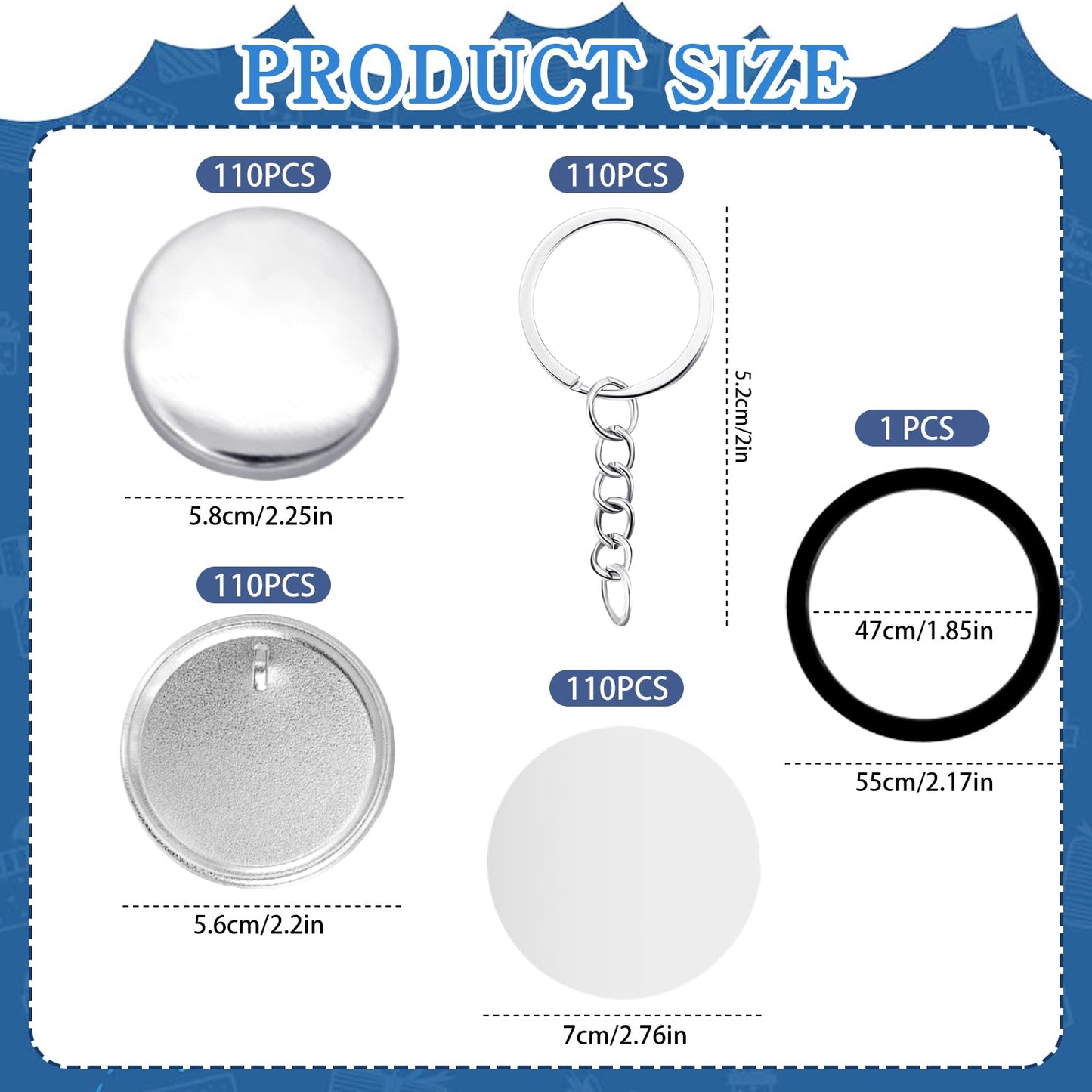 PEDOBALI 110 Sets 58 mm/ 2.25 Inch Button Maker Keychains Supplies Including Plastic Film, Metal Shell, Keychain, Backing Parts Metal Button Badge Sets for DIY Christmas Gifts Maker Machine