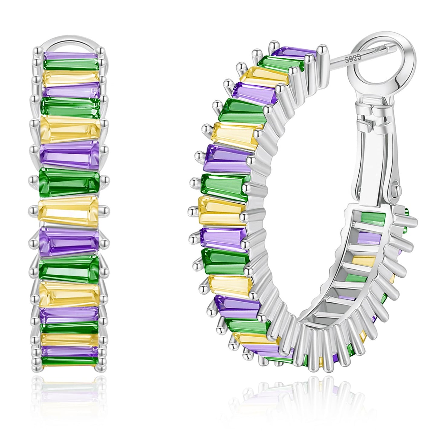 GLOQUAT Mardi Gras Earrings for Women Silver Plated Carnival Holiday Hoop Earrings Fashion Baguette Cubic Zirconia Round Circle Hoops Festive Party Jewelry Gifts Lightweight and Hypoallergenic 25mm