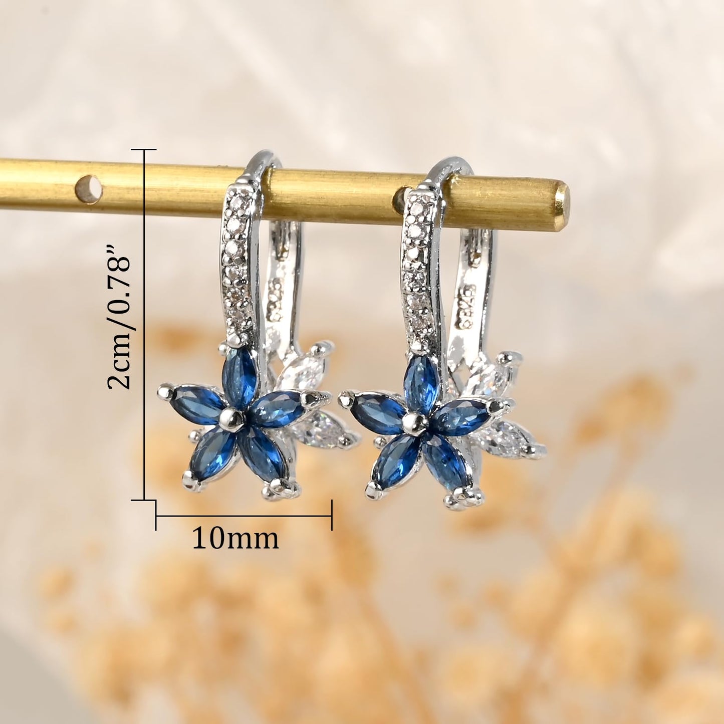 Watforsh 925 Sterling Silver Flower Earrings for Women Dangling Leverback Earrings with Sapphire and White Crystal Double Floral