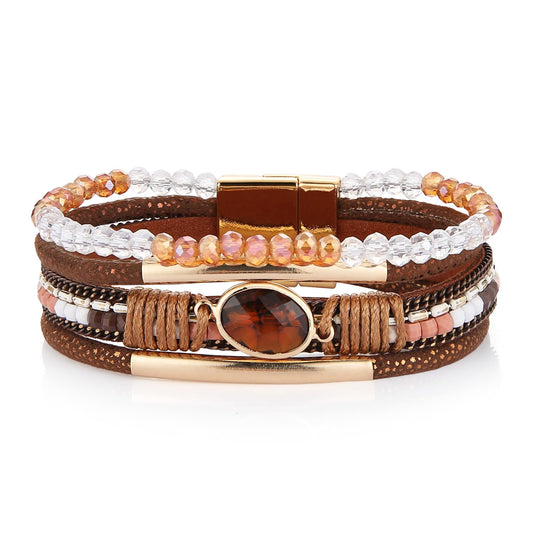 HZMAN Boho Handmade Multilayer Leather Wrap Bracelets for Women Acrylic Crystal Cuff Bangle Jewelry Gift