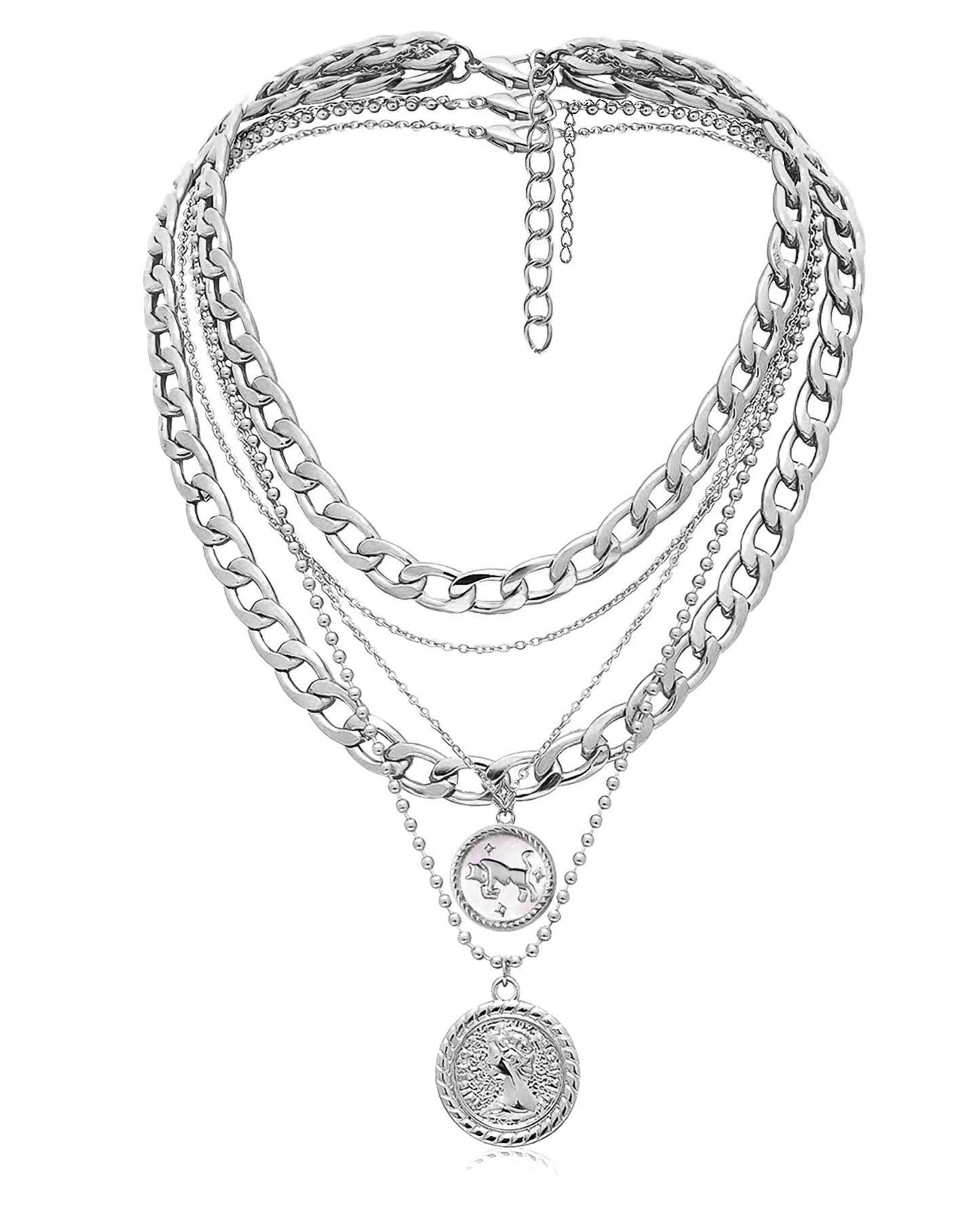 MJartoria Gold Layered Necklaces for Women Trendy Retro Coin Pendant Necklace Dainty Chunky Chain Choker Necklaces for Jewelry Birthday Gifts (Silver, Zodiac-Taurus-3PCS Layered)