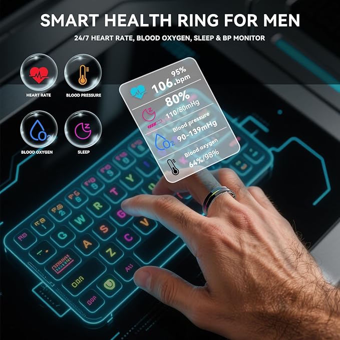 Smart Ring for Women Men,Health Fitness Tracker with Sleep/Blood Pressure/Oxygen Monitoring, Heart Rate & Activity Tracking,IP68 Waterproof, 7-Day Battery,No Subscription Fee 3-Black 7