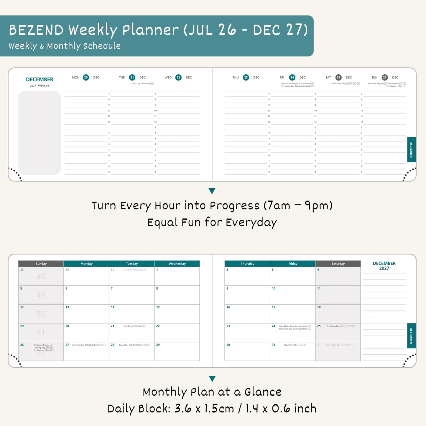 BEZEND Pocket Weekly Planner 2026 2027 Equal Weekend with Hourly Timeslot (6.5" x 3.75") 18 Months Small Academic Calendar (Jul 26-Dec 27) for Students, Work & Home, PU Leather Hardcover -Black