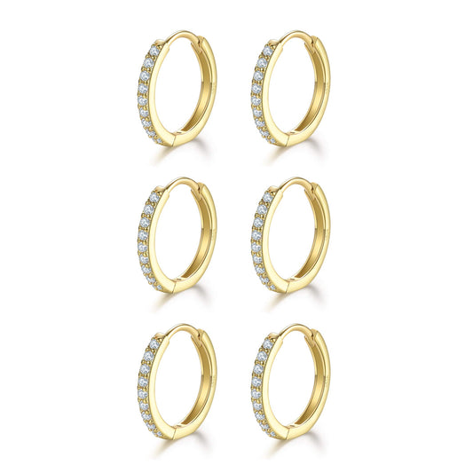 Cartilage Earring Hoop Gold Plated Sterling Silver Small Hoop Earrings Cubic Zirconia Cuff Huggie Mini Piercing for Women 3 Pairs 8mm