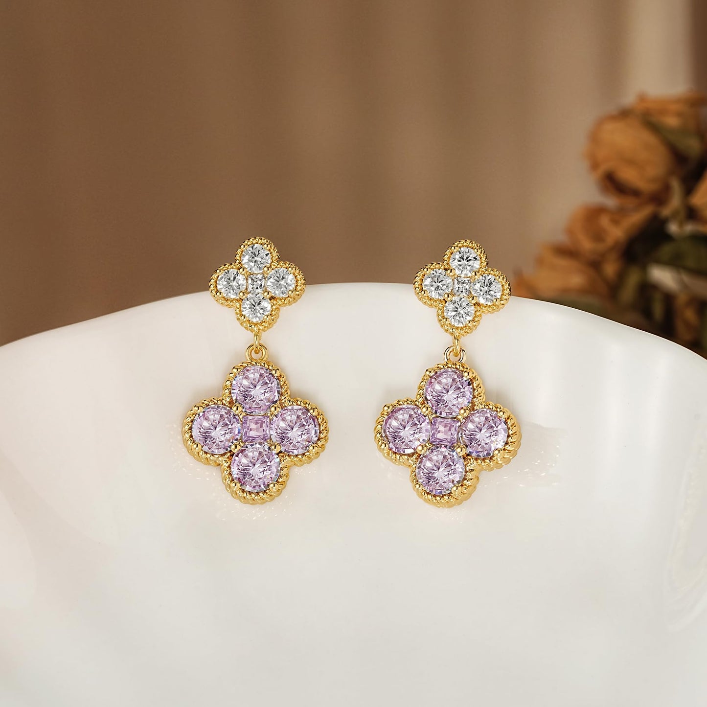 MTMY Dangle Earrings for Women 14K Gold Plated Four Leaf Clover Dangling Drop Birthstone Stud Earrings Trendy Flower Birthstone Jewelry Birthday Gifts(June)