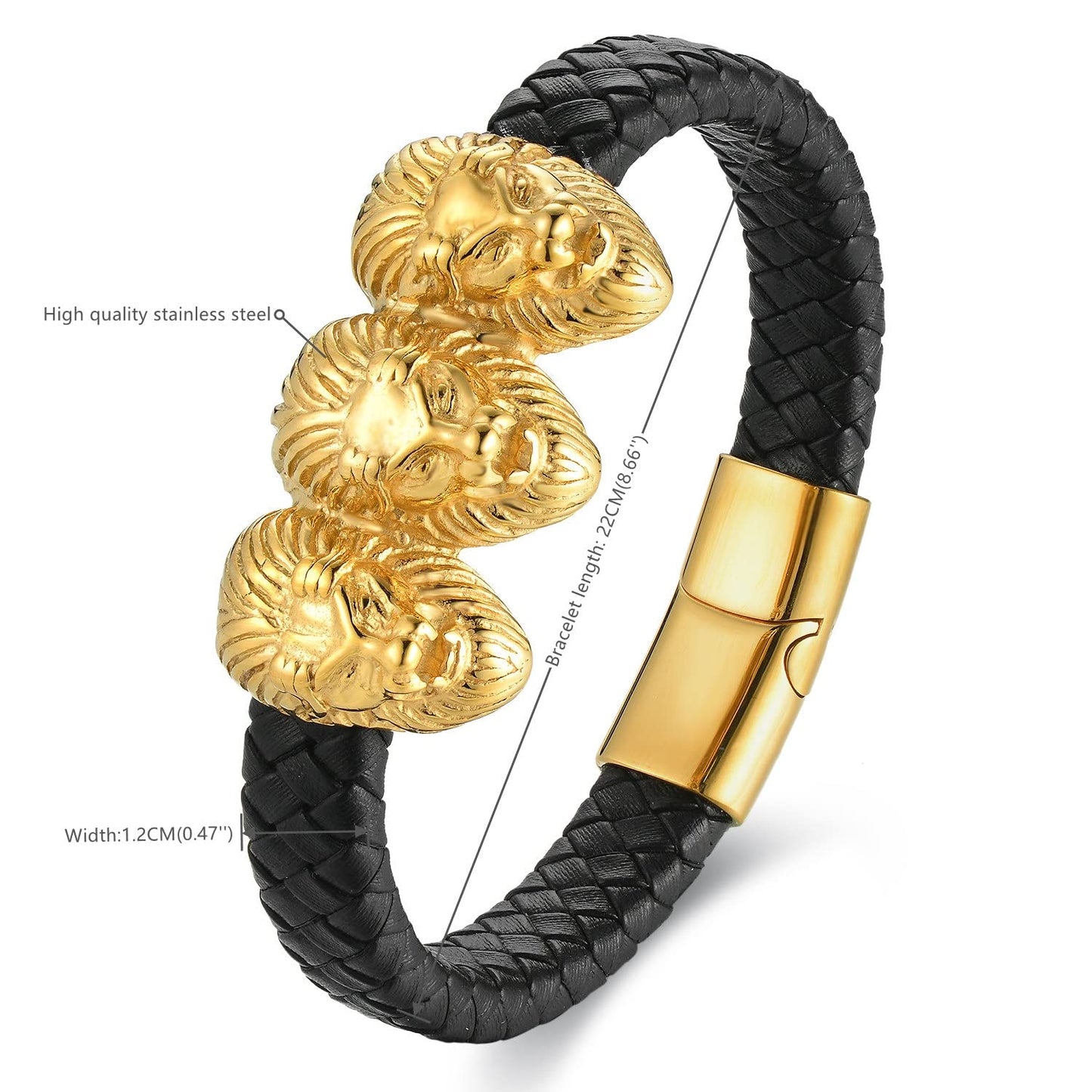 BIYONGDE Mens Black and Gold Lion Bracelet, Braided Black Leather with Gold Color 3 Lion Heads, Stainless Steel Leo ID Identification Bracelet, Masculine and Chunky