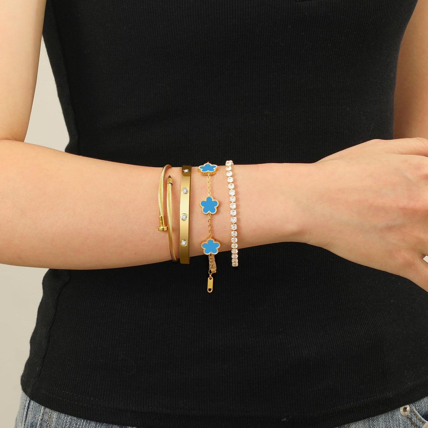 MEIERYA 18K Gold Plated Womens Stackable Floral Bracelets Set,Twisted Cable Bangle,Trendy Jewelry,Waterproof adjustable bracelet,Christmas Birthday Gifts for Girlfriend or Mother. (01-Color-blue)