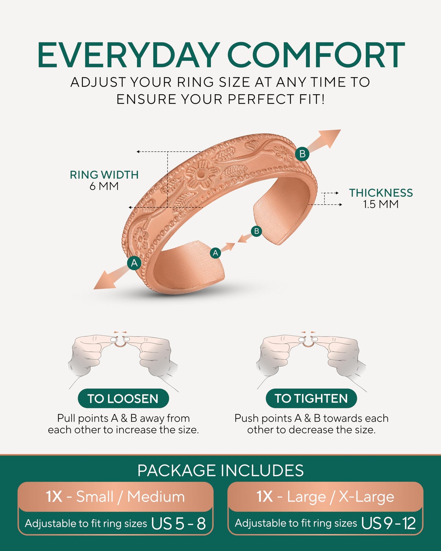 TheraCopper Pure Copper Rings for Women (2-Pack) — 100% Pure Copper Ring — Raw, Solid & Uncoated Authentic Handmade Open-End Adjustable Ayurvedic Jewelry Rings (6mm Floral)