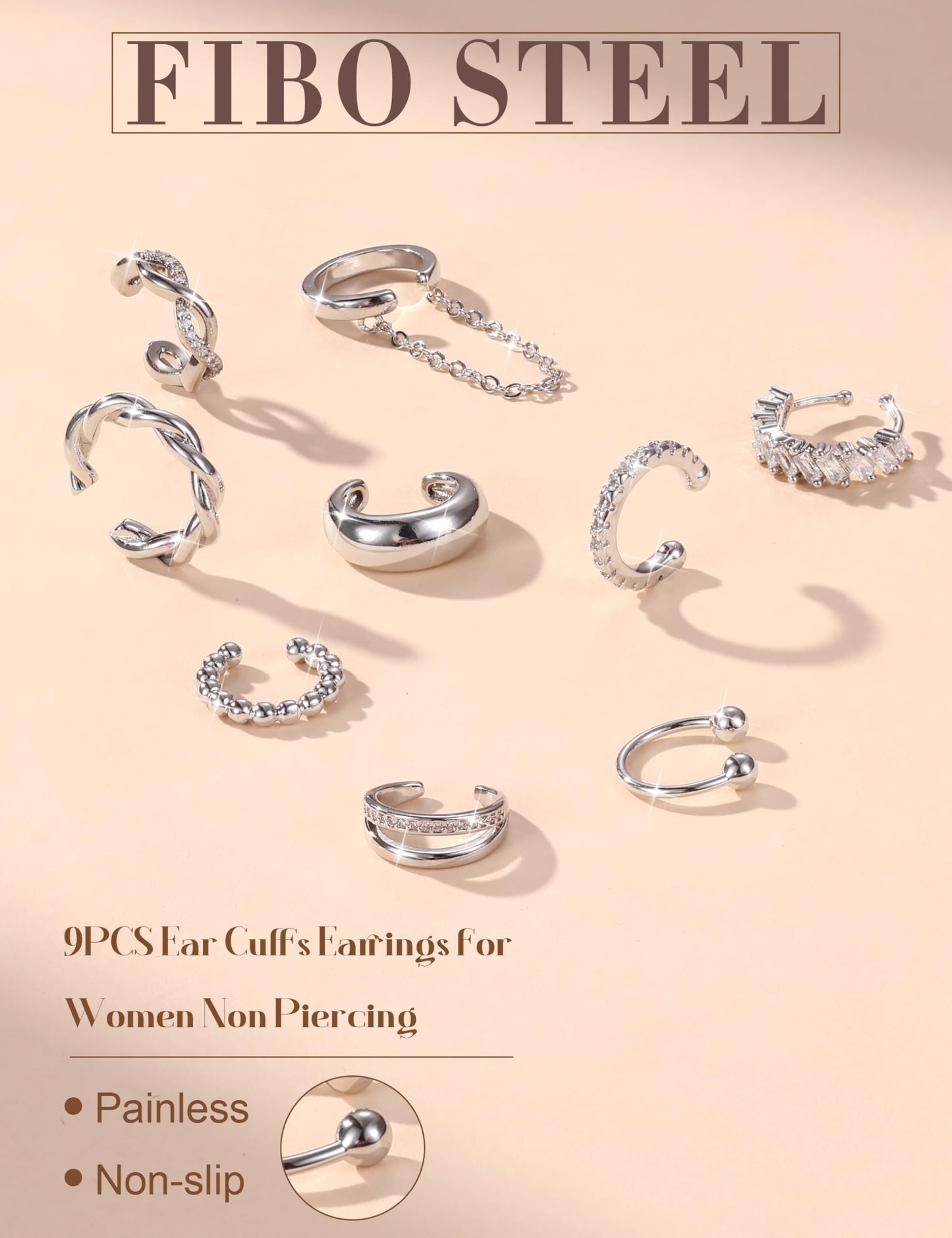 9PCS Ear Cuff Earrings for Women Non Piercing Silver Plated - Hypoallergenic Adjustable Ear Cuffs Trendy Non Tarnish Clip on Cartilage Fake Earring Stacks Wrap Jewelry