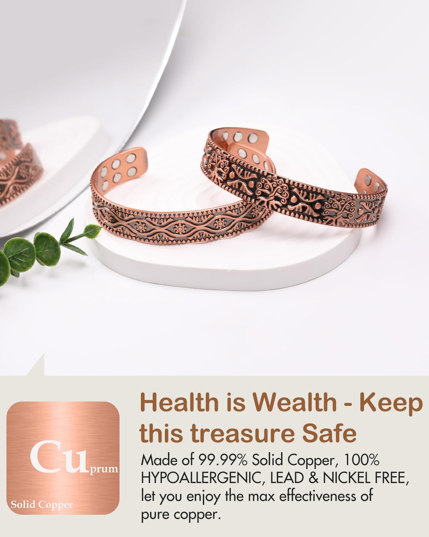 Feraco Pure Copper Bracelet for Men, 18X Ultra Strength Magnetic Bracelets for Men with 3800 Gauss Neodymium Magnets, Adjustable (Tree of Life)