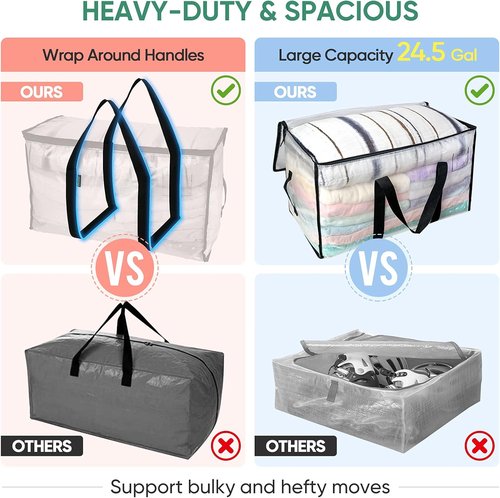BALEINE Oversized Moving Bags - Heavy-Duty Storage Tote with Reinforced Handles | Clear, 12-Pack