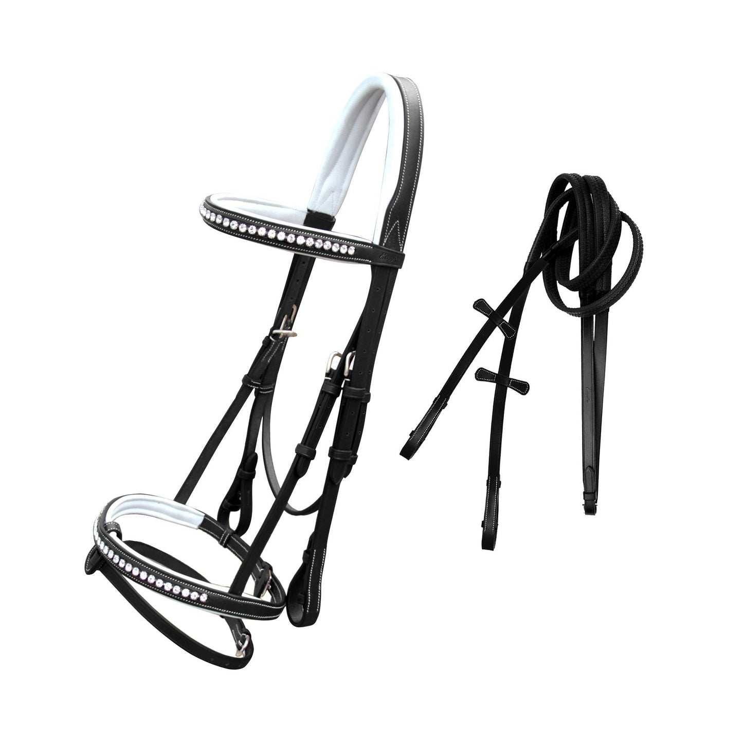 Exion White Shine Blings & Browband & Snaffle Bling Noseband & White Soft Lined Padded Bridle & Rubber Reins. | Browbands with Bling | Bling Browbands | English Tack for Horses