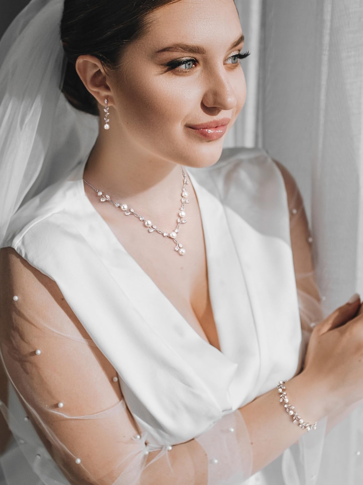 SWEETV Jewelry Set for Women, Cubic Zirconia Pearl Floral Vine Earrings Necklace Bracelet Set for Bride, Bridal Jewelry Set for Wedding Prom