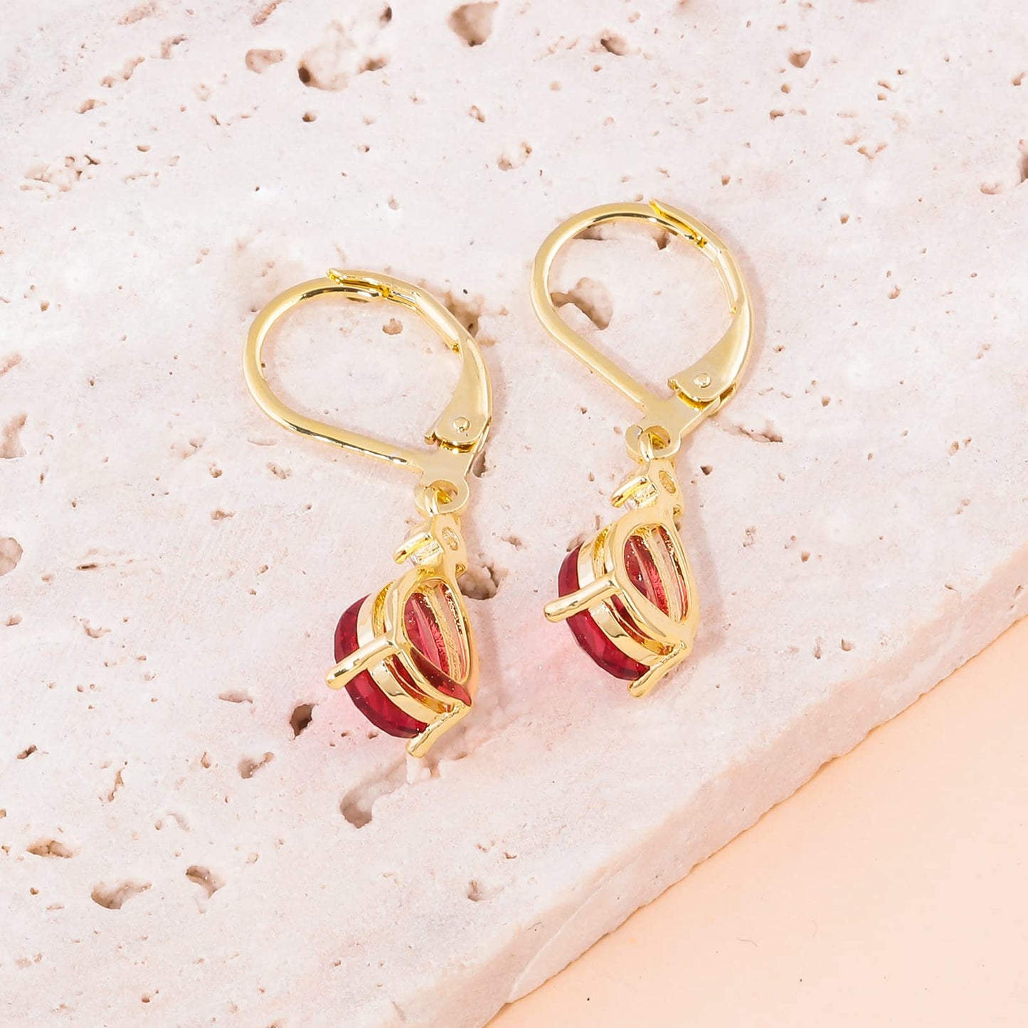 CiNily Leverback Dangle Earrings for Women 14K Gold Plated Drop Earrings Red Cubic Zircon Fashion Teardrop Hoop Earrings Hypoallergenic Mothers Day Jewelry for Her