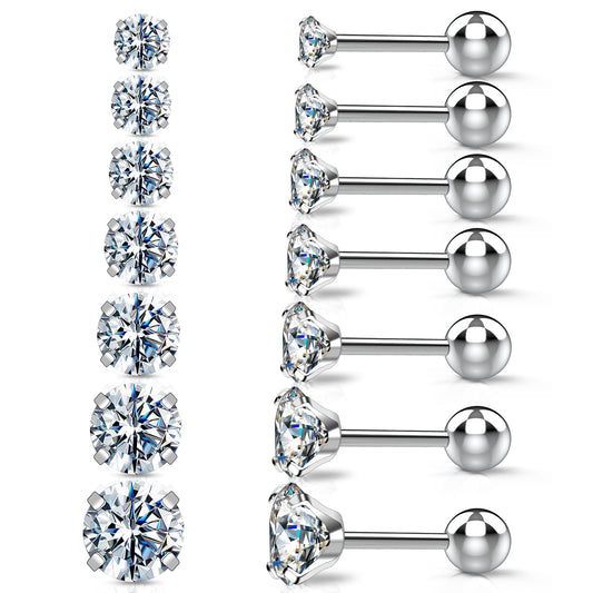 Stud Hoop Earrings Set 7 Pairs Hypoallergenic Cubic Zirconia Titanium Stainless Steel Silver Rose Gold Black 2-8mm CZ Cartilage Helix Flatback Ball Stud Hinged Sleeper Hoop Earrings Sets for Women Men