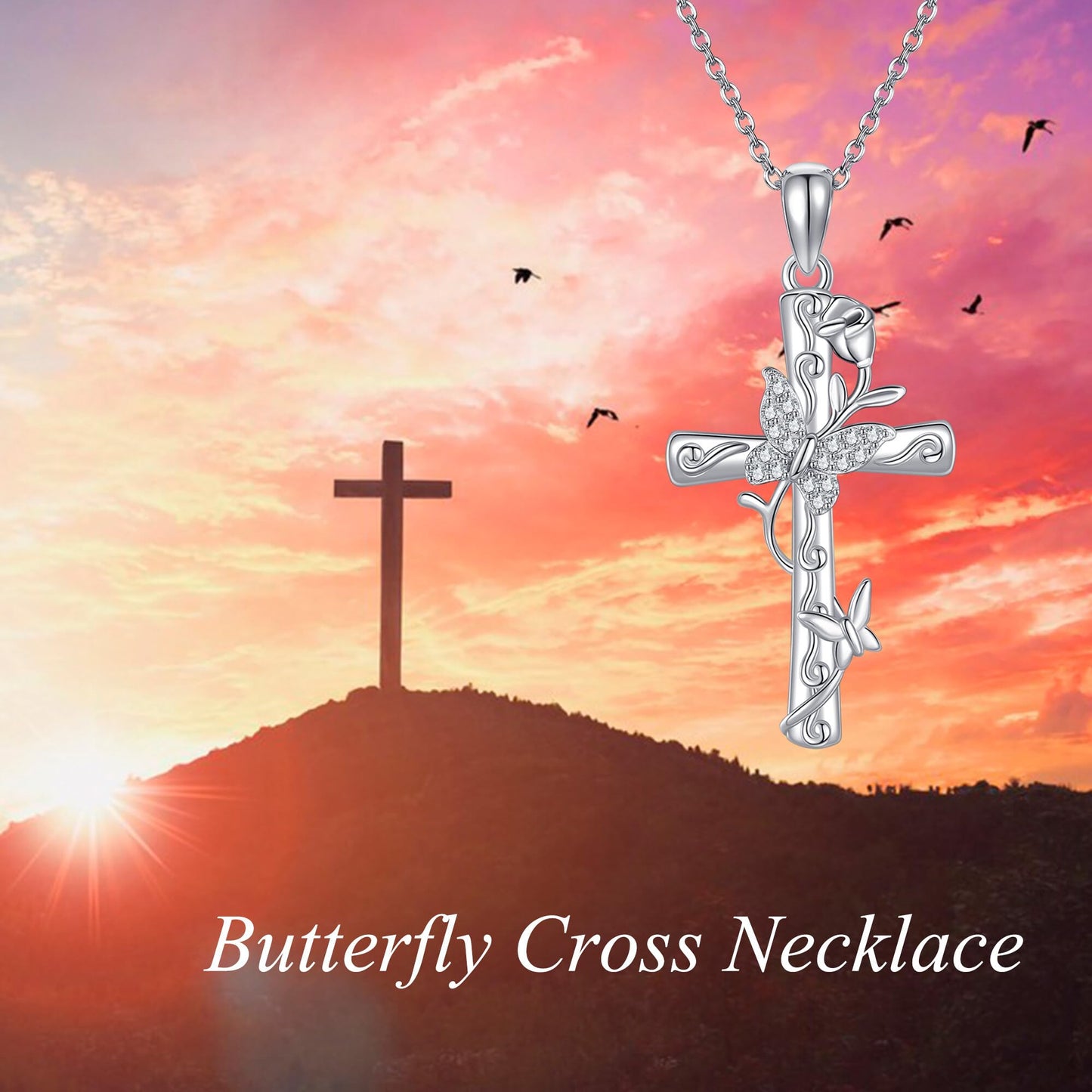 AXOMY Butterfly Necklace for Women 925 Sterling Silver Cross Butterfly Pendant Rose Necklace Cross Jewelry Gifts for Mom Wife