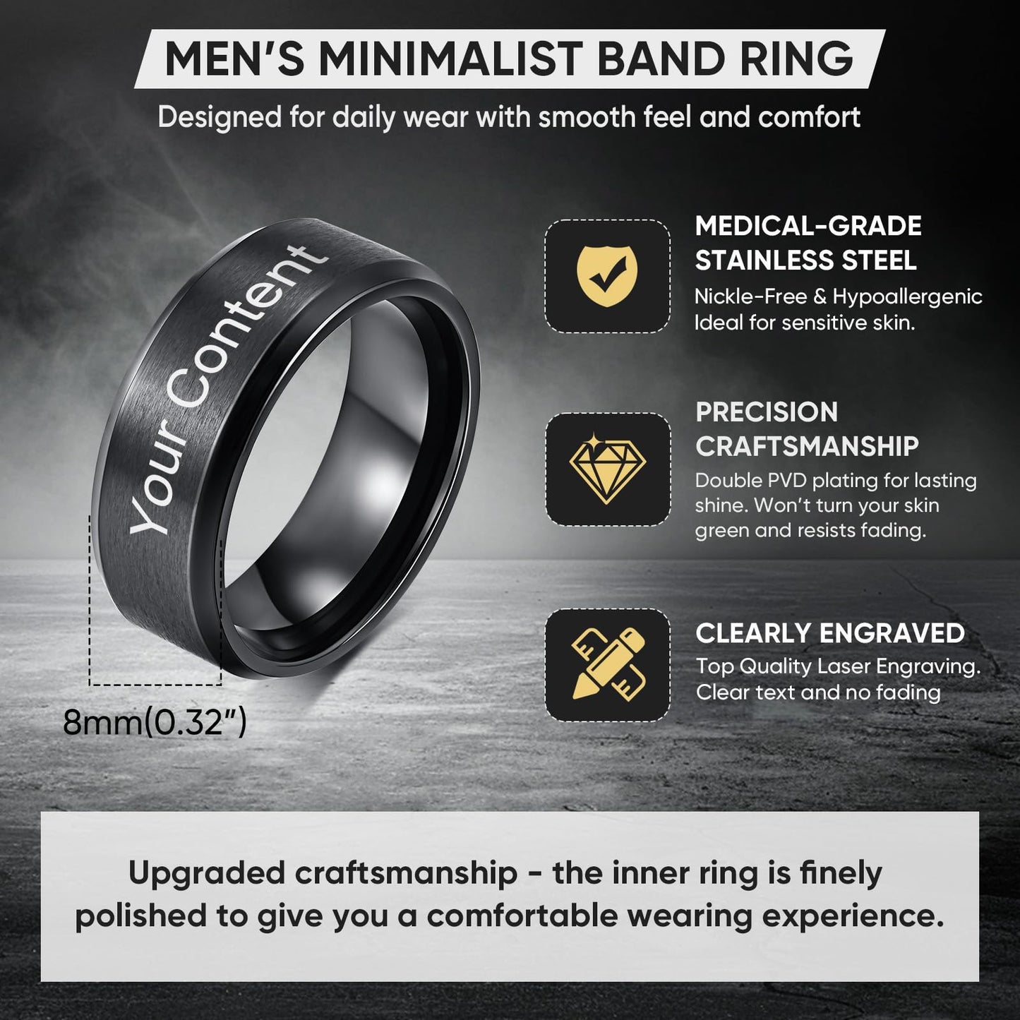 VNOX Customize Personalized Name Date 8MM Stainless Steel Simple Matte Brushed Finish Wedding Band Engagement Rings for Men Dad Husband,Size 8