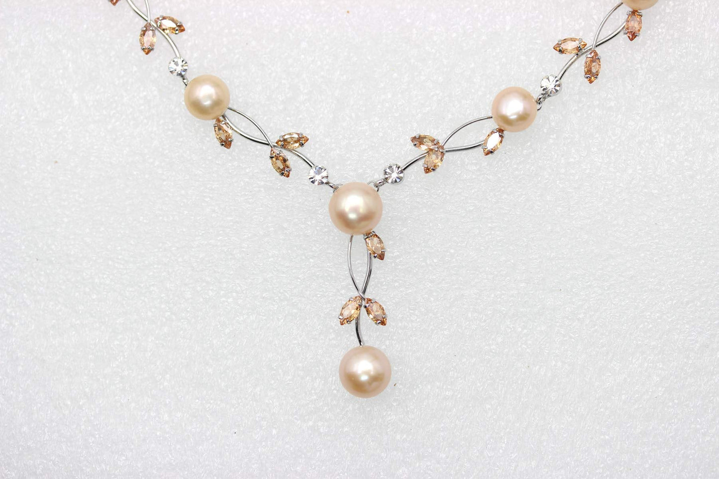 Faship Champagne Brown CZ Crystal Pink Genuine Freshwater Pearls Floral Necklace Earrings Set - Brown/Silver-Tone