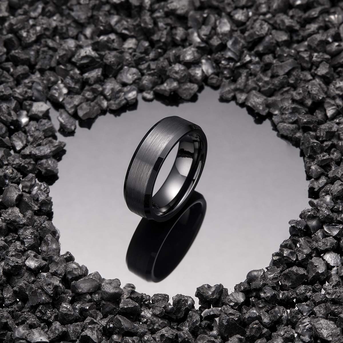 King Will 7mm Men's Black Wedding Ring - Brushed Matte Surface, Beveled Polished Edge, Comfort Fit Size 10