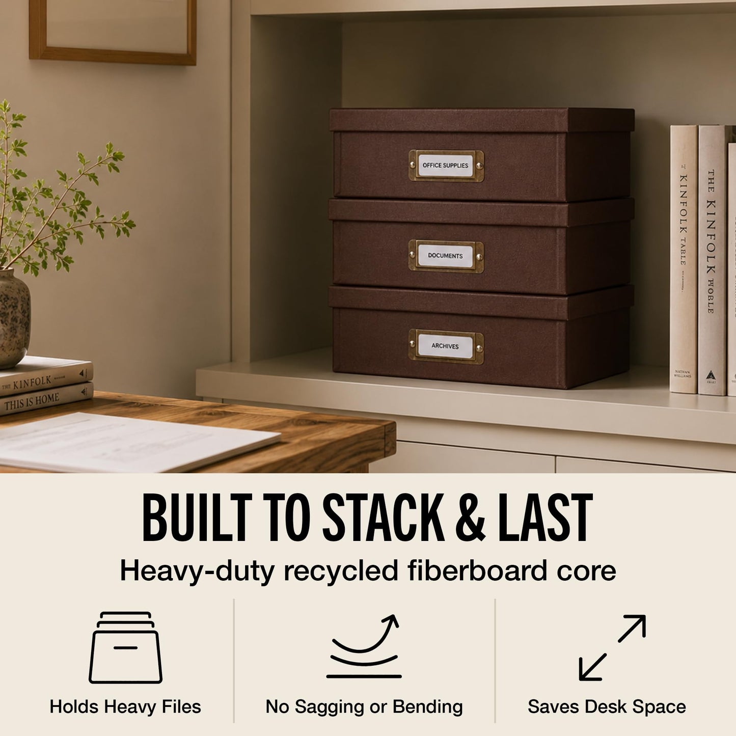 Bigso Oskar Fiberboard Document Storage Box with Lid for A4 and Letter Size Papers - Stylish, Sturdy, and Stackable Keepsake Box with Label Holder - W10.2in x D13.8in x H3.3in - Recycled Leather