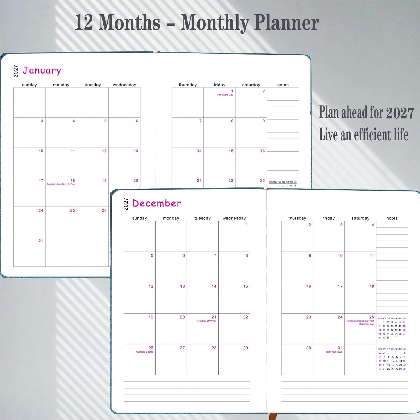 2027 Daily Planner -One Page per Day, Appointment Book 2027, Hourly Daily & Monthly Planner with Tabs(Jan-Dec 2027), 8.26'' x 5.9'' Calendar Planner, Leather Cover + Thick Paper (Navy Blue)