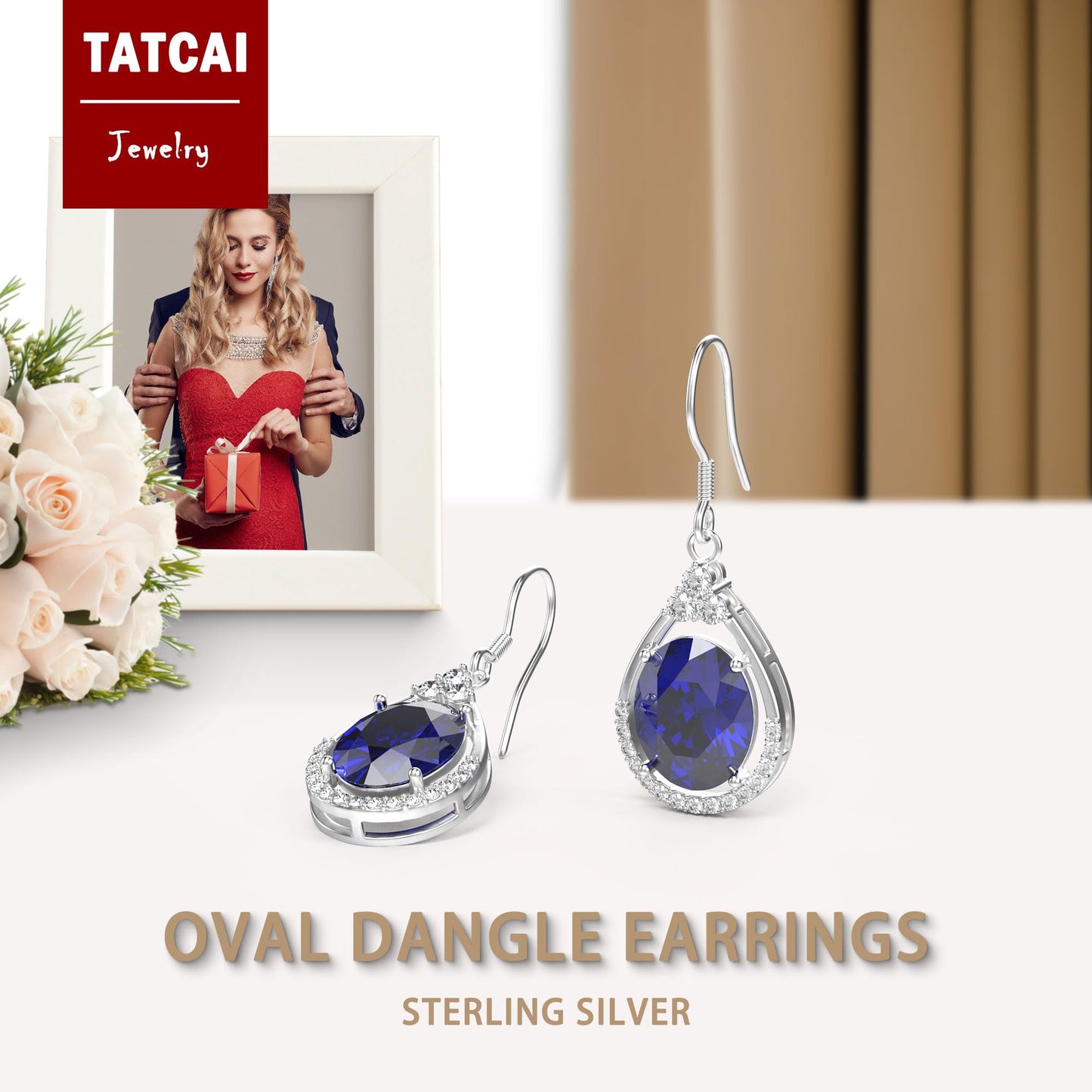 18K White Gold Plated Sterling Silver Oval Cut Cubic Zirconia Drop Dangle Earrings for Women Hypoallergenic Statement Earrings Gifts for Women Mom (Blue)