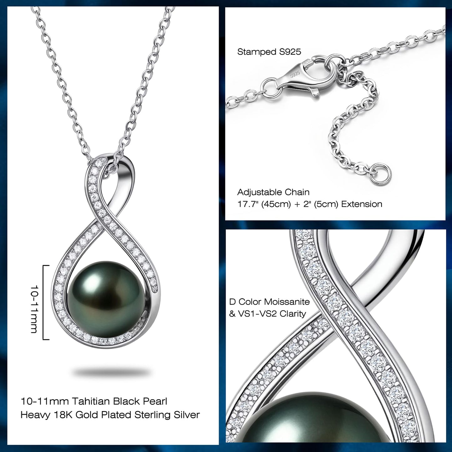 Genuine Tahitian Black Pearl Necklace - Christmas Gift for Wife Mom Daughter, Jewelry Gifts for Anniversary Wedding Birthday, 10-11mm Seawater Pearl with Sterling Silver Infinity Moissanite Pendant