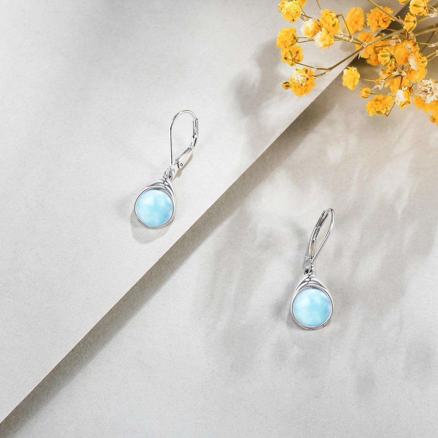POPLYKE Larimar Earrings Dangle for Women 925 Sterling Silver Leverback Earrings Round Blue Larimar Jewelry Christmas Birthday