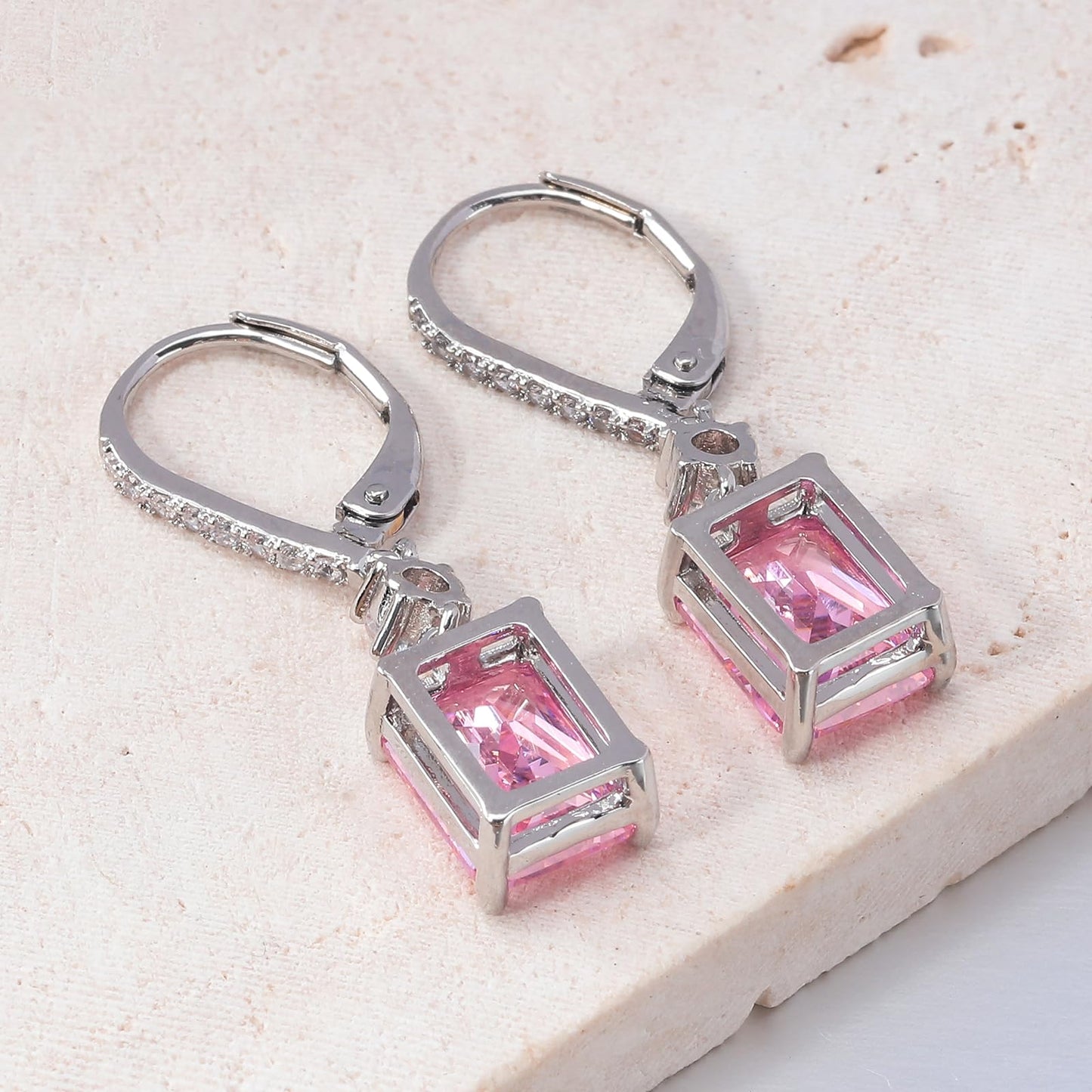 CiNily Leverback Earrings for Women Rectangular-cut Drop Dangle Earrings Hypoallergenic, 14K White Gold Plated Pink Cubic Zircon Earrings Diamond Dangle Earrings Jewelry Birthday