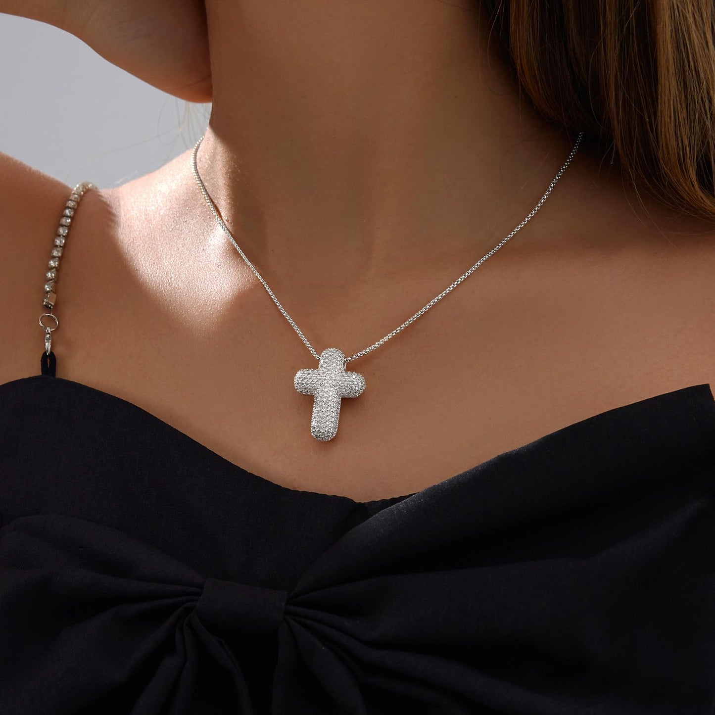 OGD Cross Necklace for Women Silver Plated 925 Dainty Cross Chain Pendant Trendy CZ Diamond Crucifix Charm Bubble Necklace Hypoallergenic Faith Choker Religious Gifts for Women