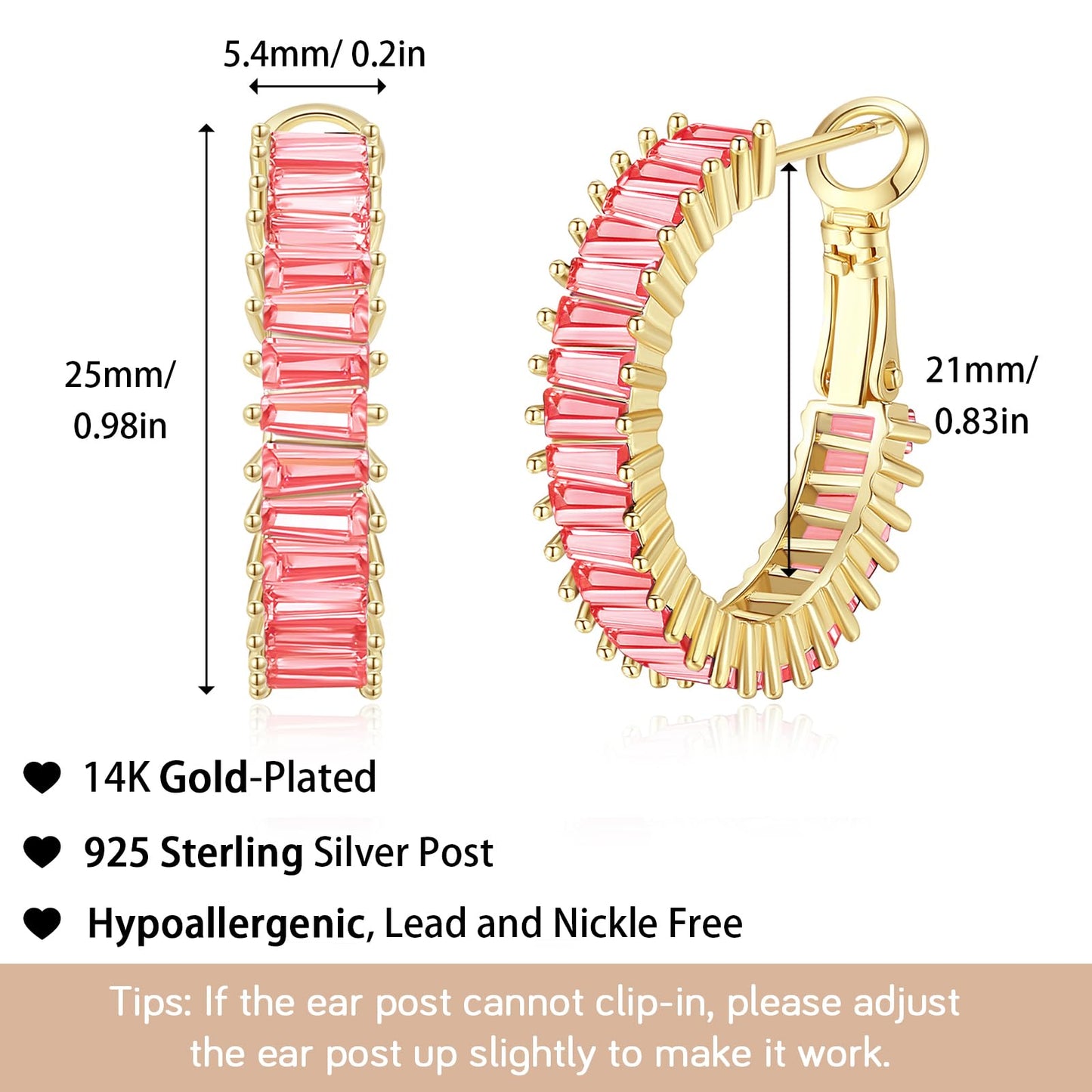 GLOQUAT Rose Pink CZ Earrings 14K Gold Plated Rosy Gold Hoops Earrings for Women S925 Silver Post Vintage Baguette Cubic Zirconia Round Circle Dusty Rose Crystal Jewelry 25mm