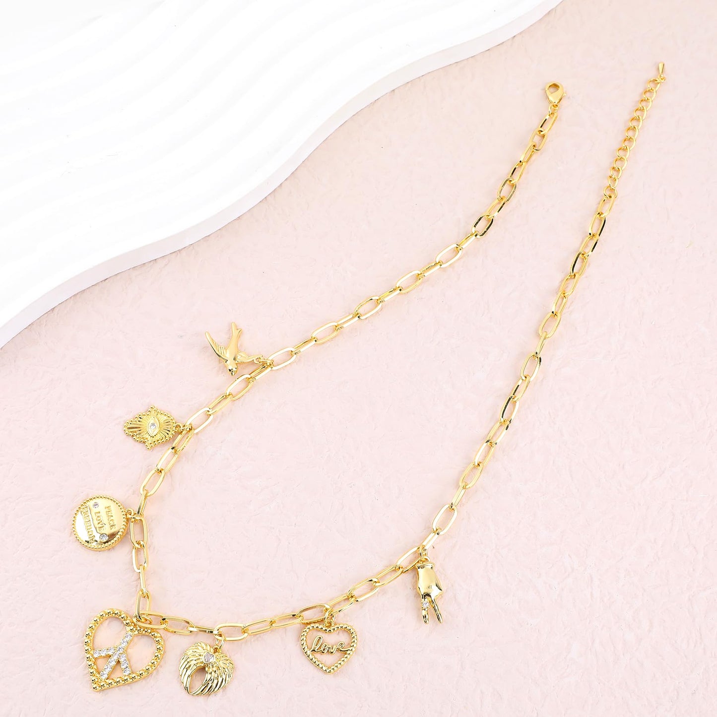 NEKOL Peace Sign Heart Charm Necklace for Women, Vintage Hippie Style Peace Sign Hamsa Angel Wings LOVE Heart Peace Dove Anti War Necklace Retro Boho Party Dressing Accessories Jewelry Gifts