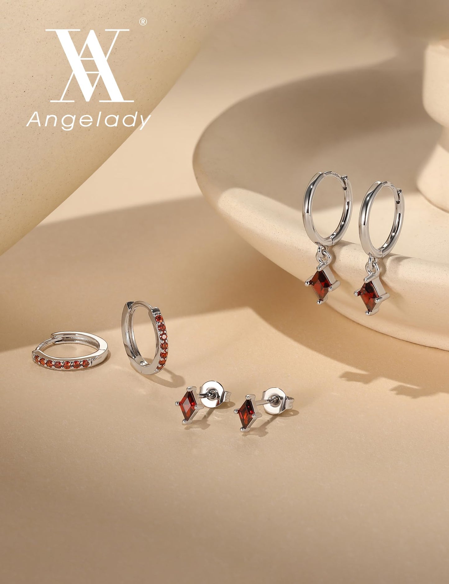 Angelady 3 Pairs Sterling Silver Hoop Earrings Set for Women, Hypoallergenic Red Silver Earrings, Dainty Huggie Hoops Ruby Earring Cartilage Stud Earring Stacks Trendy Red Jewelry Gifts