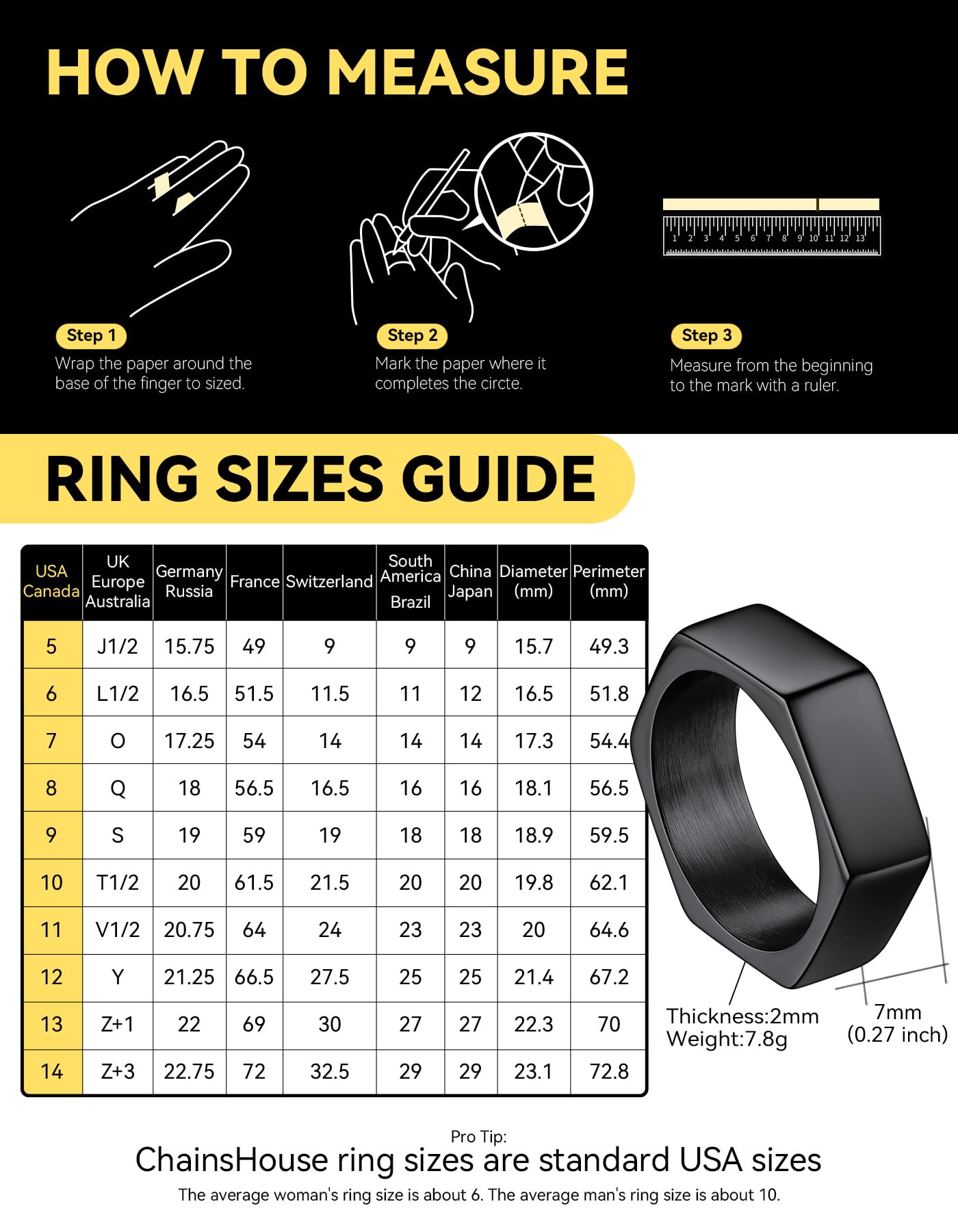 ChainsHouse Black Biker Ring Stainless Steel Jewelry Size 12 Punk Hexagon Geometric Band Rings