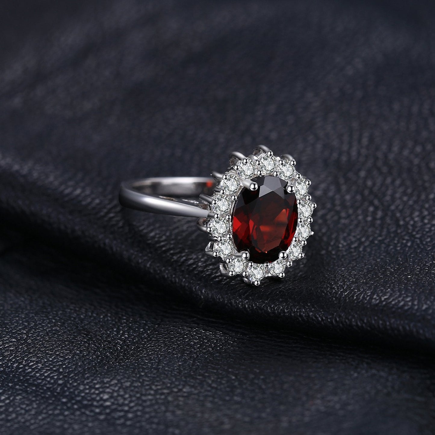 JewelryPalace Princess Diana Kate Middleton Gemstone Birthstone Genuine Red Garnet Halo Statement Engagement Rings for Women, 14K White Gold Plated 925 Sterling Silver Promise Rings for Her Size 10.5