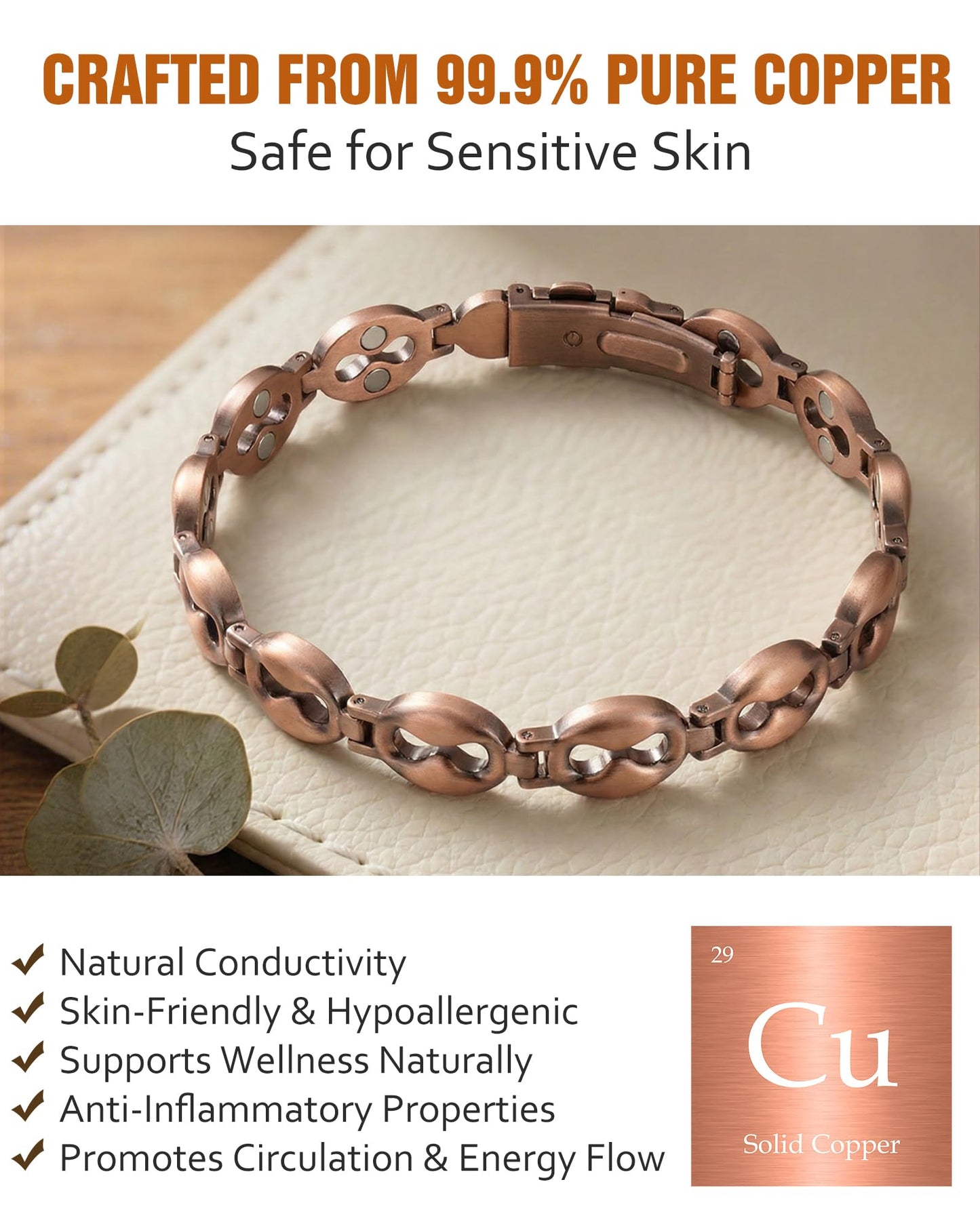 Jecanori Infinity Copper Bracelet for Women, Magnetic Bracelet with 3500 Gauss Magnets, Valentines Day Birthday Pure Copper jewelry Gift