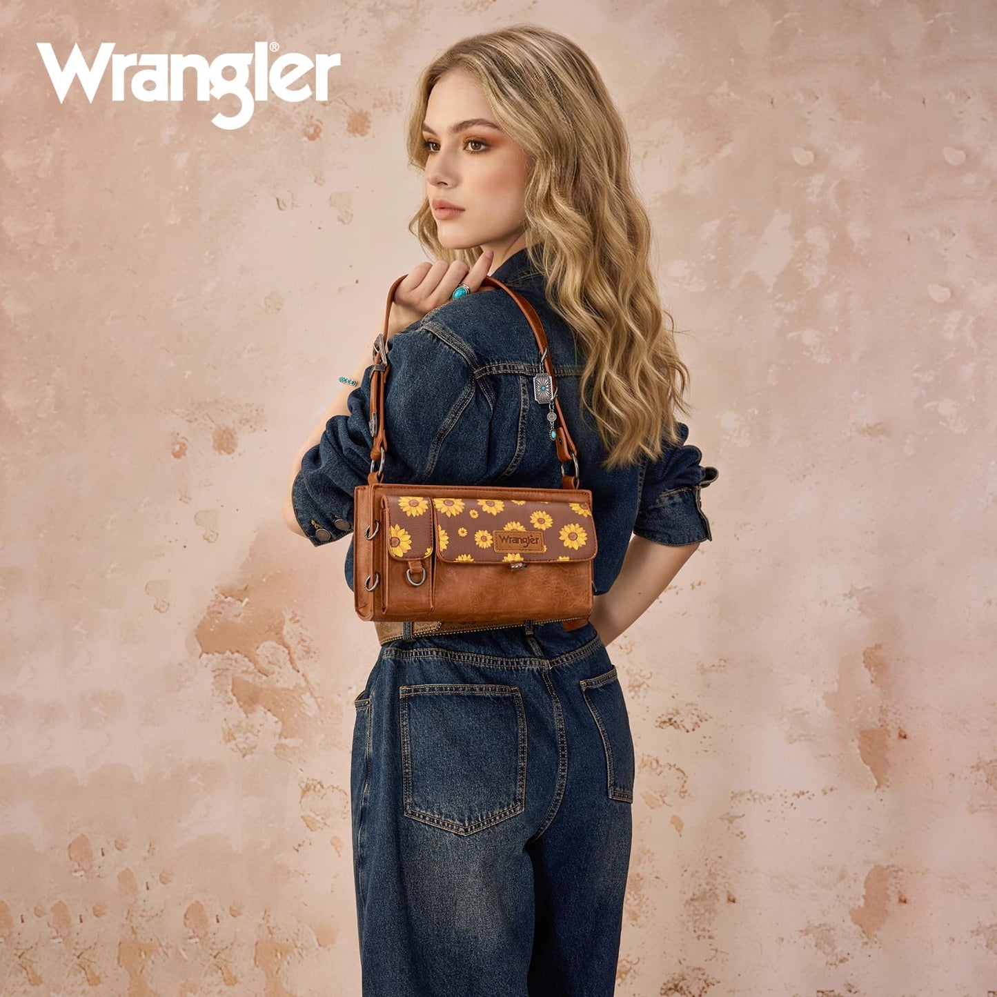 Wrangler Small Shoulder Bag Y2K Purse Cute Western Purses for Women Mini Handbags with Detachable Charms, Sunflower WG-HB-300-523-3-BR