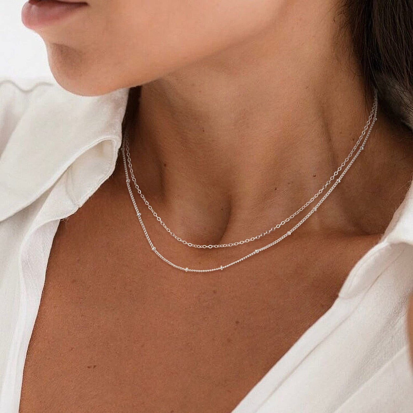 MBW Simple Layered Necklaces for Women, Dainty Silver Plated Satellite Chain Necklace for Women layering Necklaces Thin Choker Stacked Necklace Silver Jewelry Set Gift for her