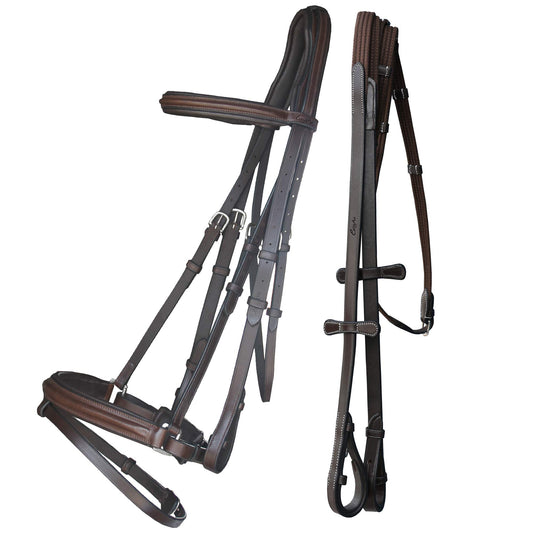 Exion Anti Pressure Cutback Crown Piece Soft Lined Browband and Crank Noseband Dressage Leather Bridle and Hand Stopper Leather Reins | Royal Dressage Bridle for Horses