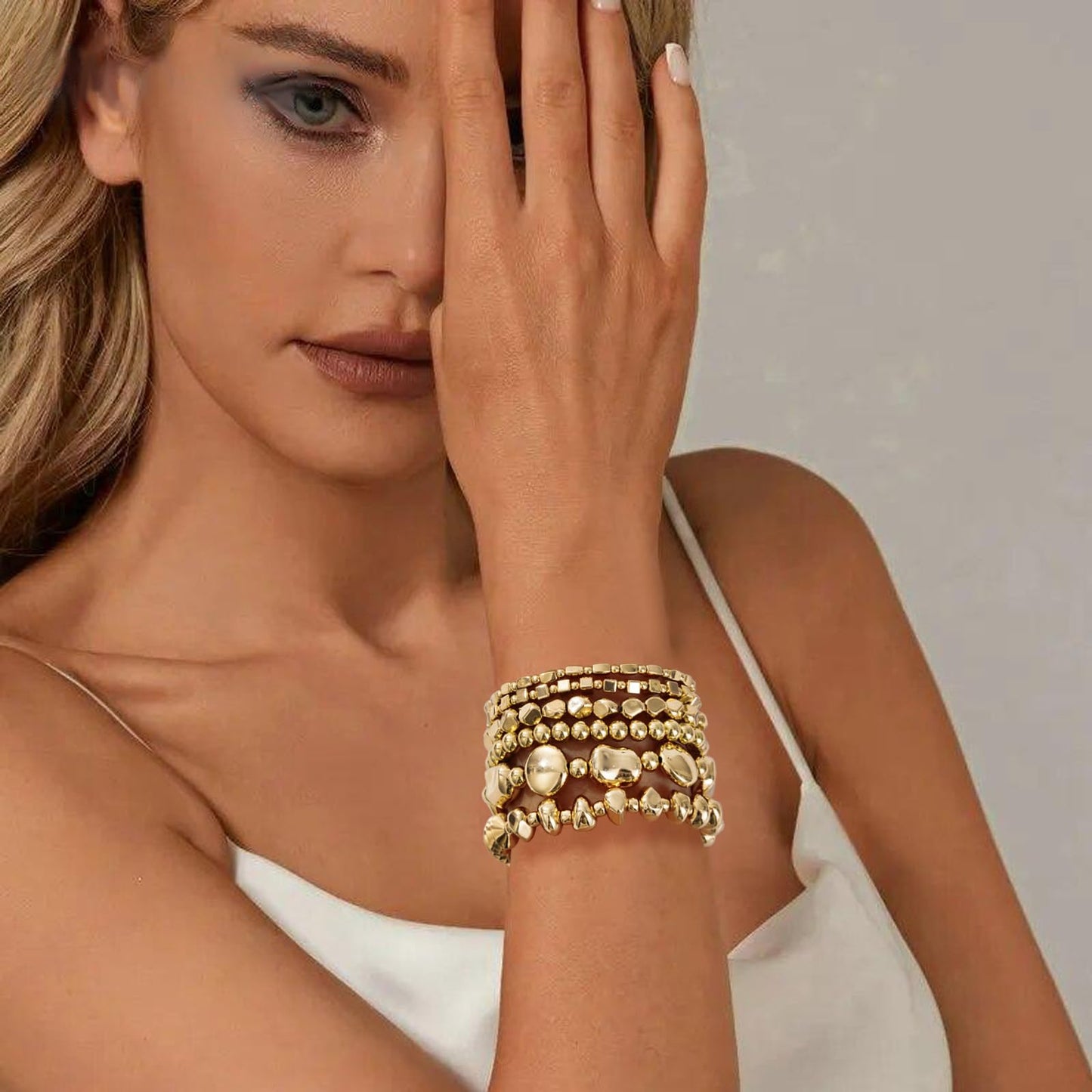 Sajidos Gold Beaded Bracelets for Women Trendy, 14K Gold Plated Stack Cross Pearl Gold Bead Stretch Bracelets Set Elastic Hypoallergenic Bracelets Jewelry Gifts (style7)