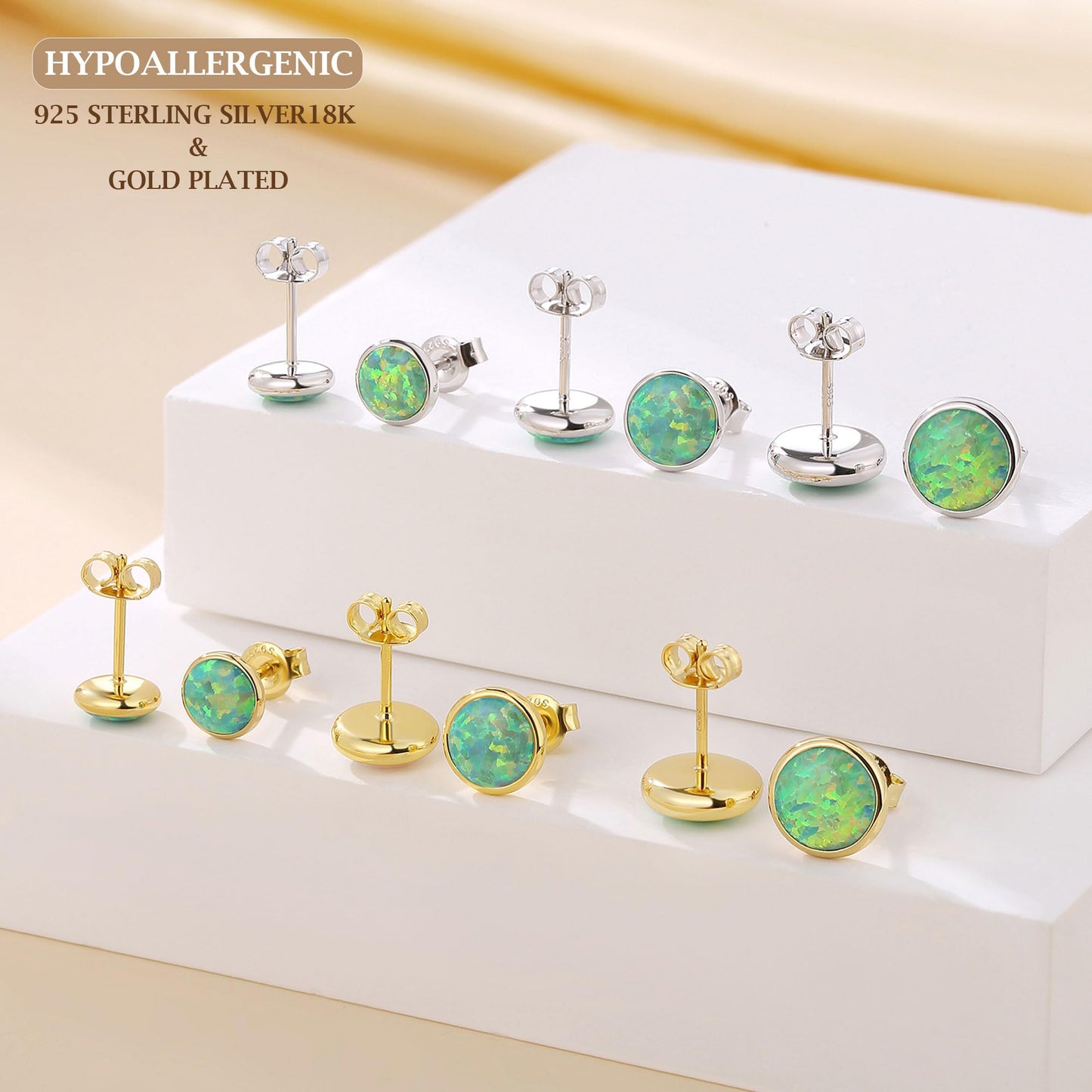 JiayangJY Silver Green Fire Opal Stud Earrings for Women 18K Yellow Gold Plated Sterling Silver Round Shape 6mm Opal Earrings with Push Back