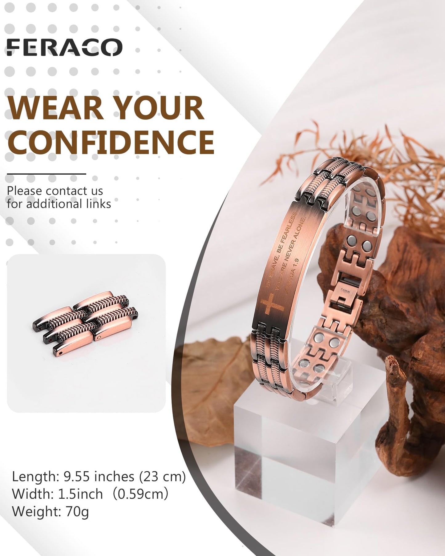 Feraco Copper Bracelet for Men,Magnetic Therapy Cooper Cross Bracelets with Magnets, Men's Christian Jewelry for Anniversary Father's Day
