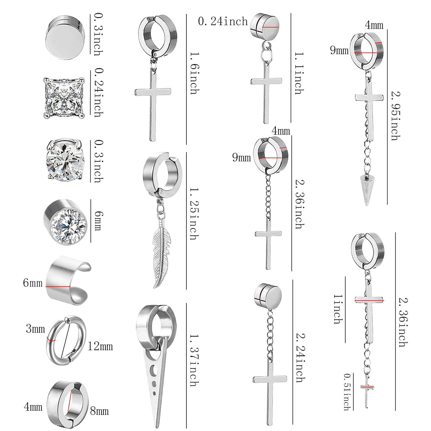 NEWITIN 15 Pairs Magnetic Stud Earrings for Men Clip on Earrings Stainless Steel Magnet Earring Unisex Dangle Cross CZ Hoop Magnetic Stud Earring Set for Men Women