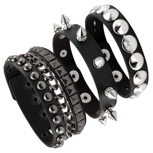 Eigso 3 Pcs Leather Punk Bracelets for Men Women of Rock Rivet Wrap Retro Spike Bracelet Adjustable
