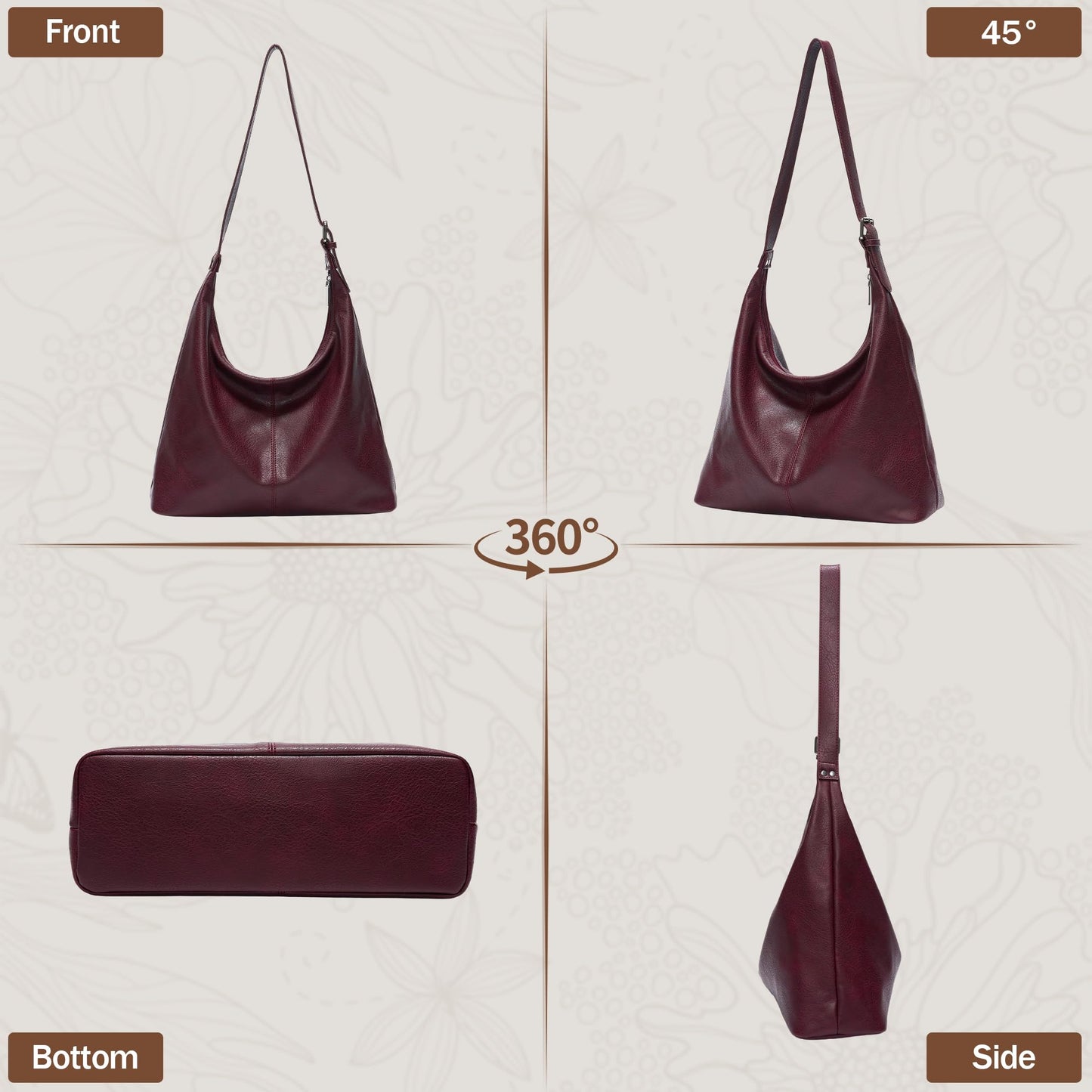 Hobo Bags for Women, Slouchy Shoulder Purse in Vintage Burgundy Vegan Leather, Large Handbag with Adjustable Strap & Center Divider Pocket
