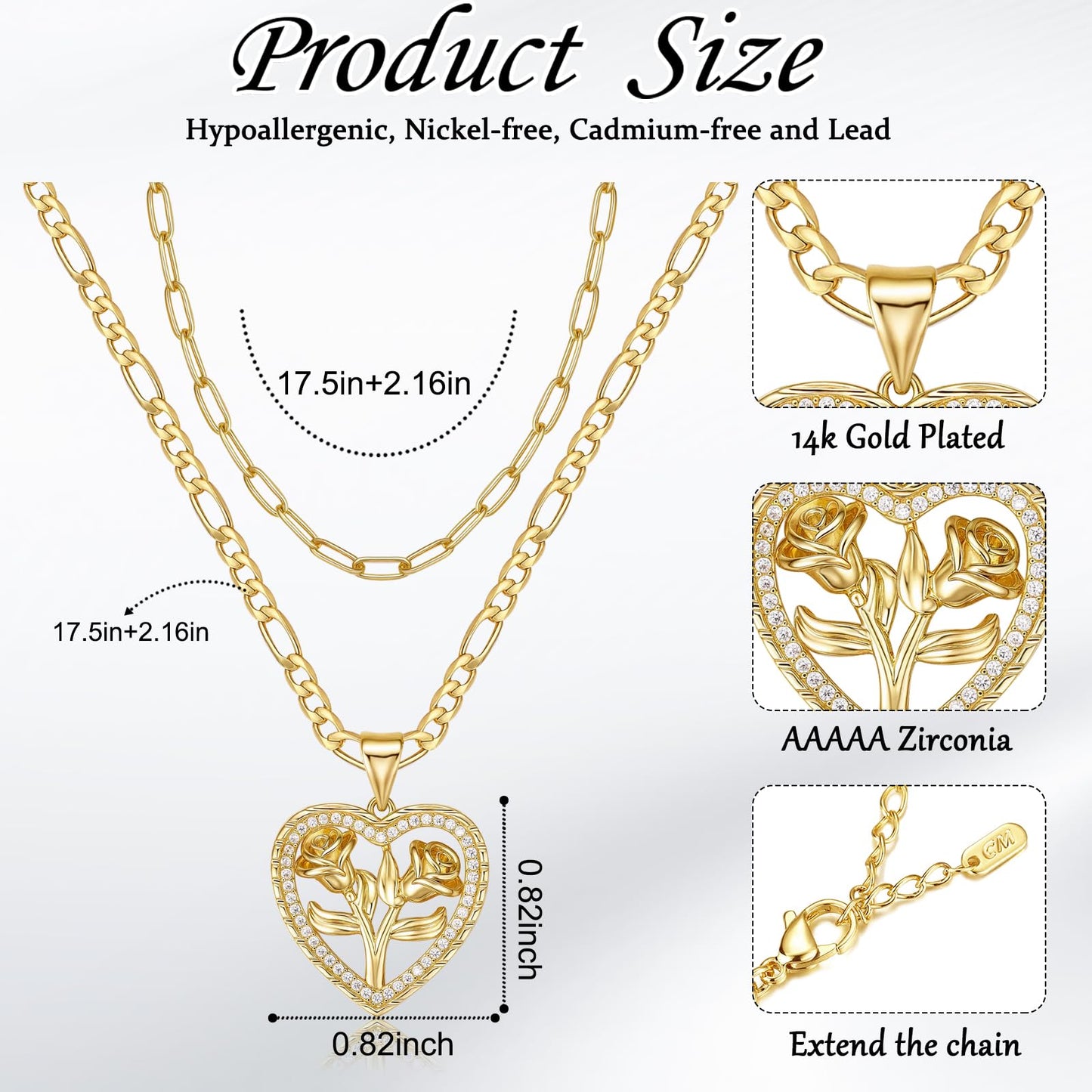 MEIITRUE Heart Necklaces for Women Trendy 14k Gold Plated Dainty Layered Necklace Set Cubic Zirconia Rose Heart Pendant Choker Paperclip Chain Stackable Jewelry Gifts for Her
