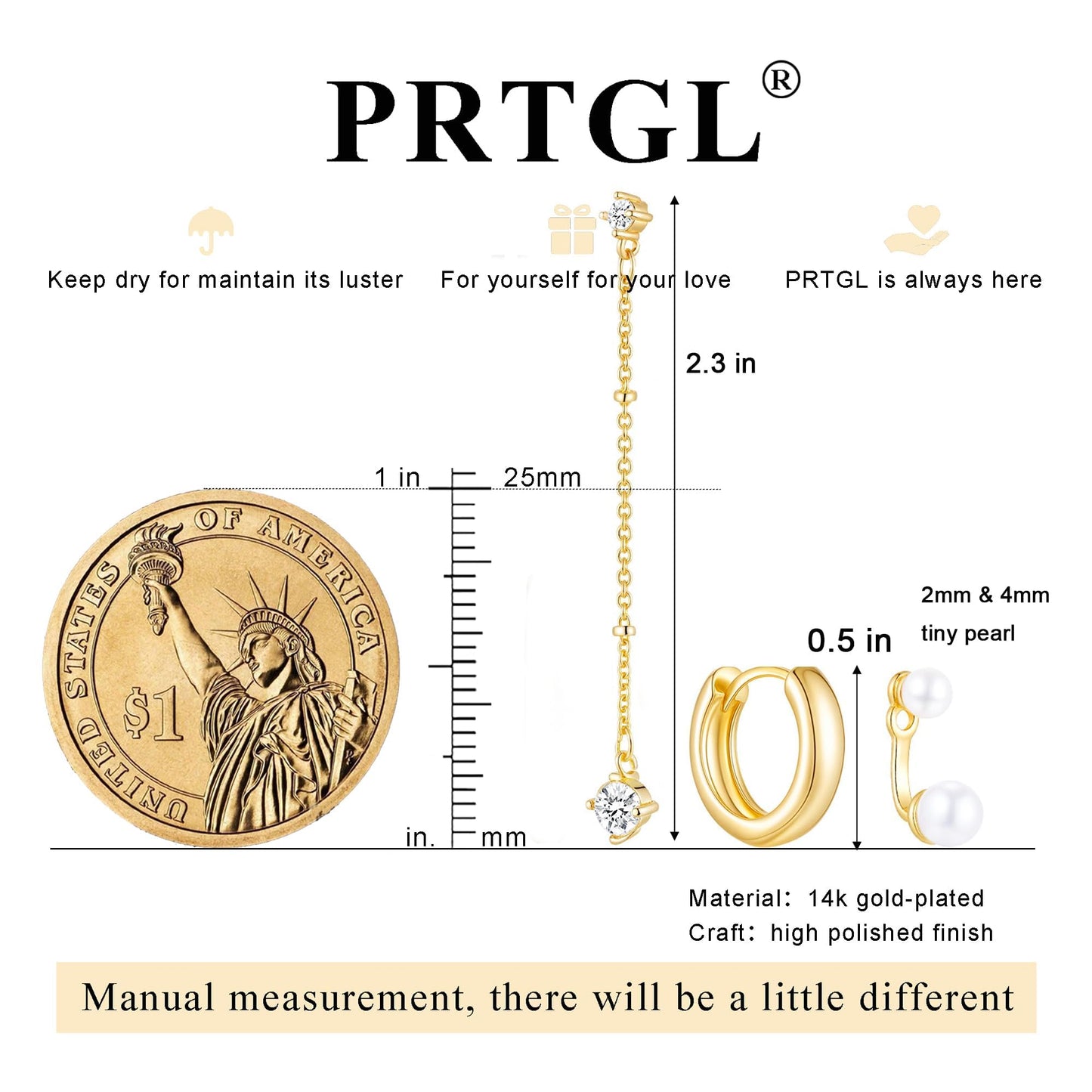 PRTGL Pearl Earrings - 14K Gold Plated Pearl Ear Jacket Polished Huggie Hoop Dangle Earrings Set for Women