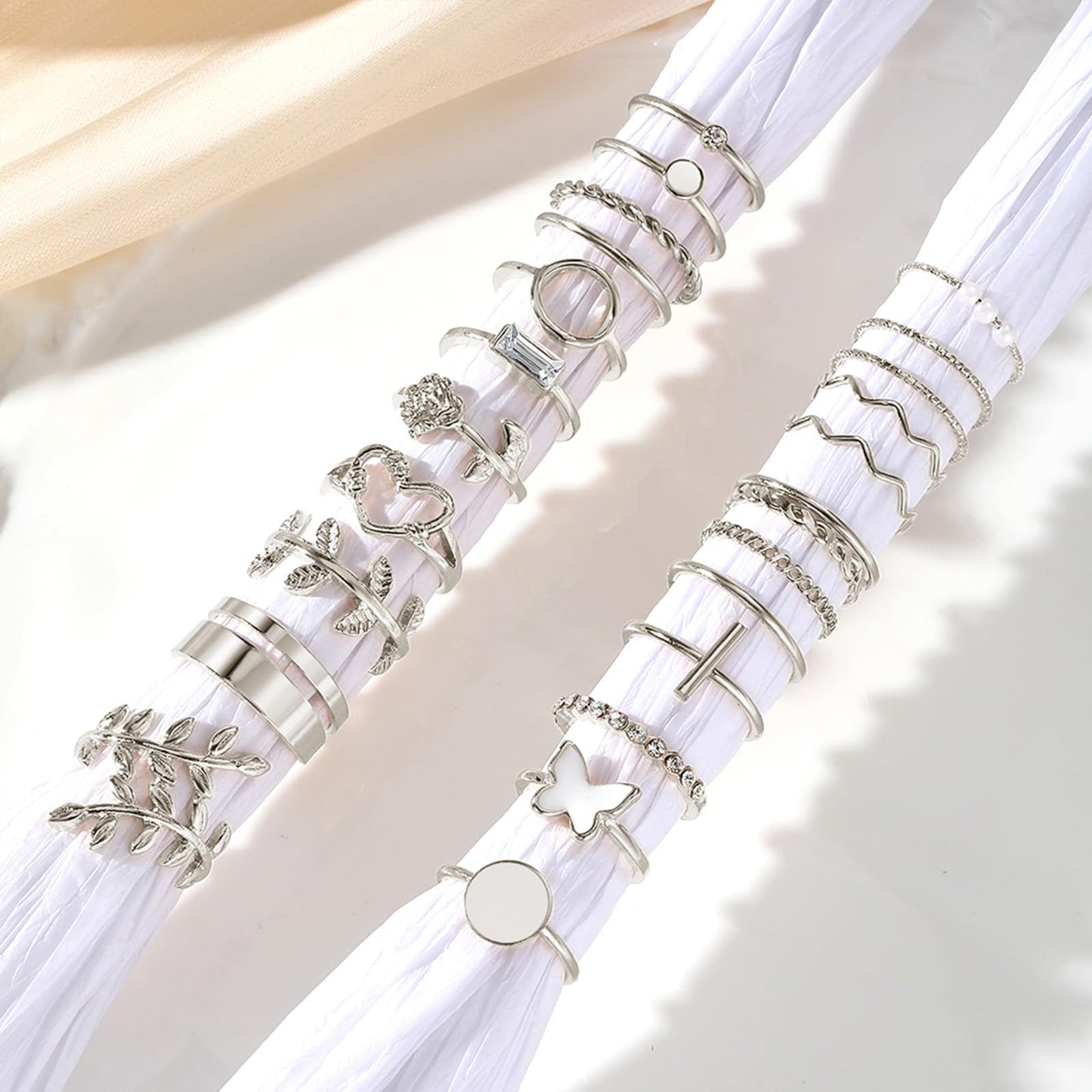 IFKM 24 Pcs Silver Knuckle Rings Set For Women Vintage Stackable Joint Finger Midi Rings Dainty Cubic Zirconia Crystal Simple Twist Hollow Cute Rings Pack Jewelry Gift (Love of Leaves, Silver)