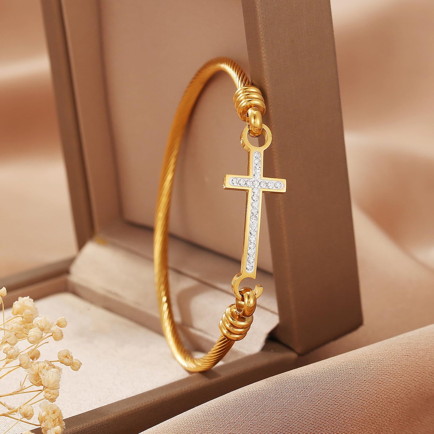 DS Religious Gift for Her Christian Cross Bracelet Bible Verse God is Within Her She Will Not Fall Inspirational Bracelets For Women Stainless Steel Jewelry Gift To Daughter Best Friend (Cross bracelet-Gold 12)