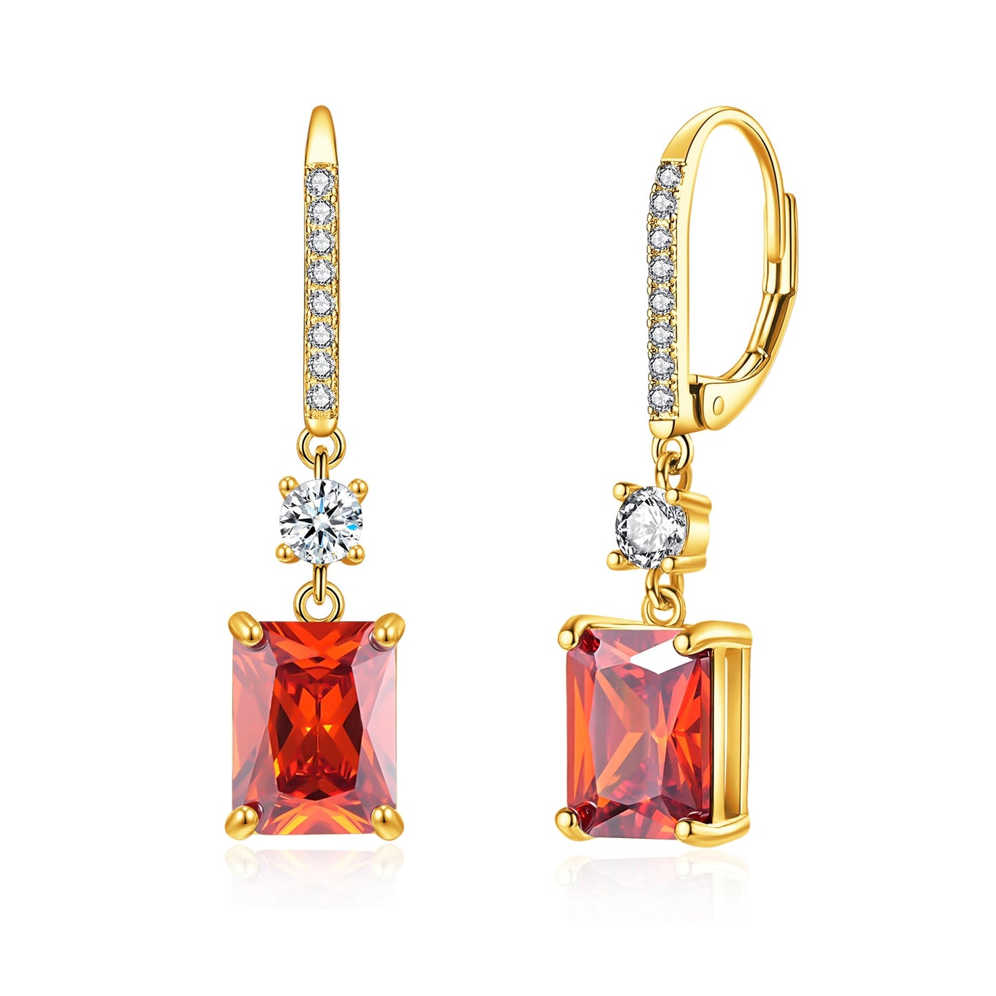 CiNily Leverback Earrings for Women Rectangular-cut Drop Dangle Earring Hypoallergenic, 14K Gold Plated Orange Cubic Zircon Earrings Diamond Dangle Ear Rings Jewelry Wedding